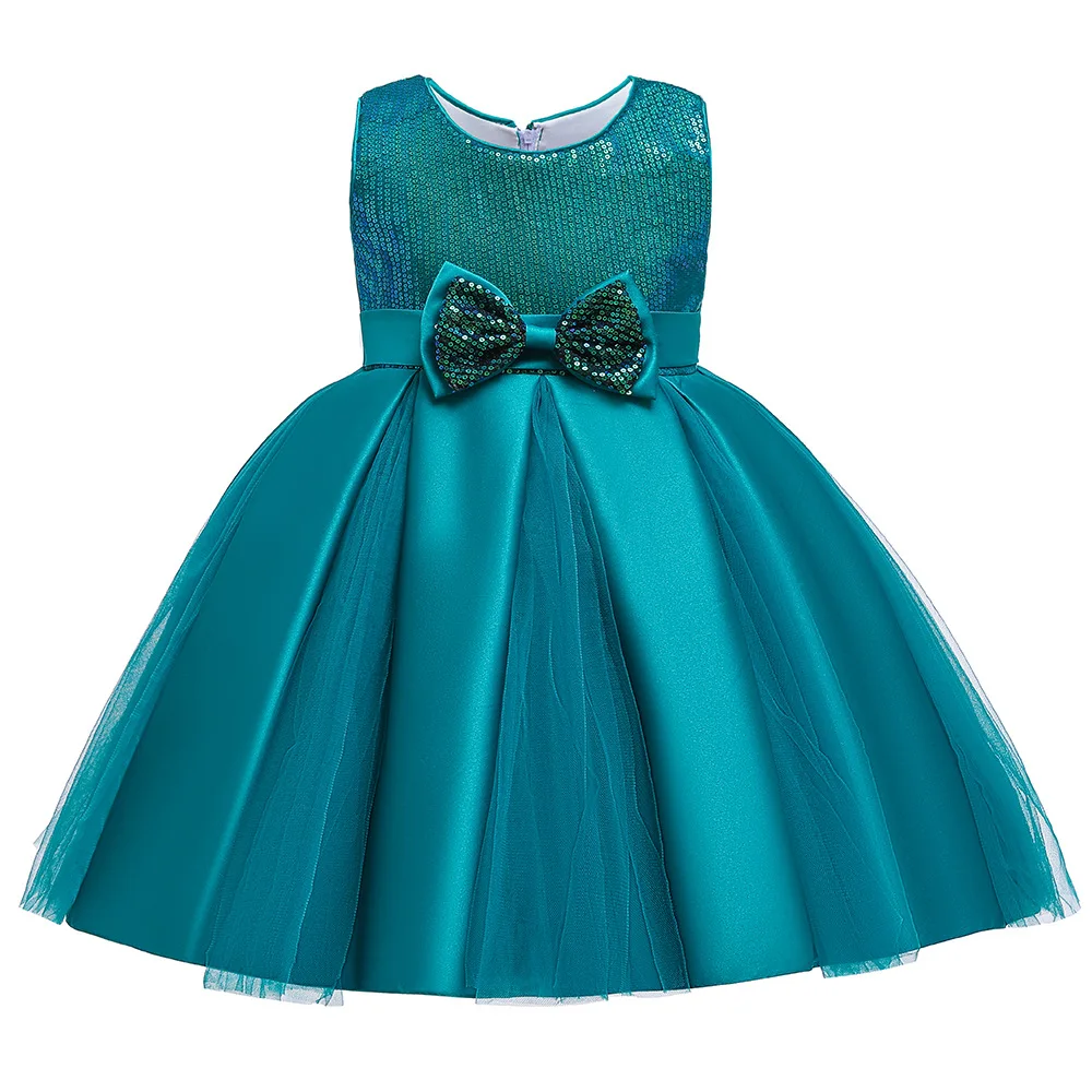 2023 Summer Sequin Bow Baby Girl Dress Birthday Party Wedding Gowns For Girl Palace Princess Evening Dresses Kid Clothes