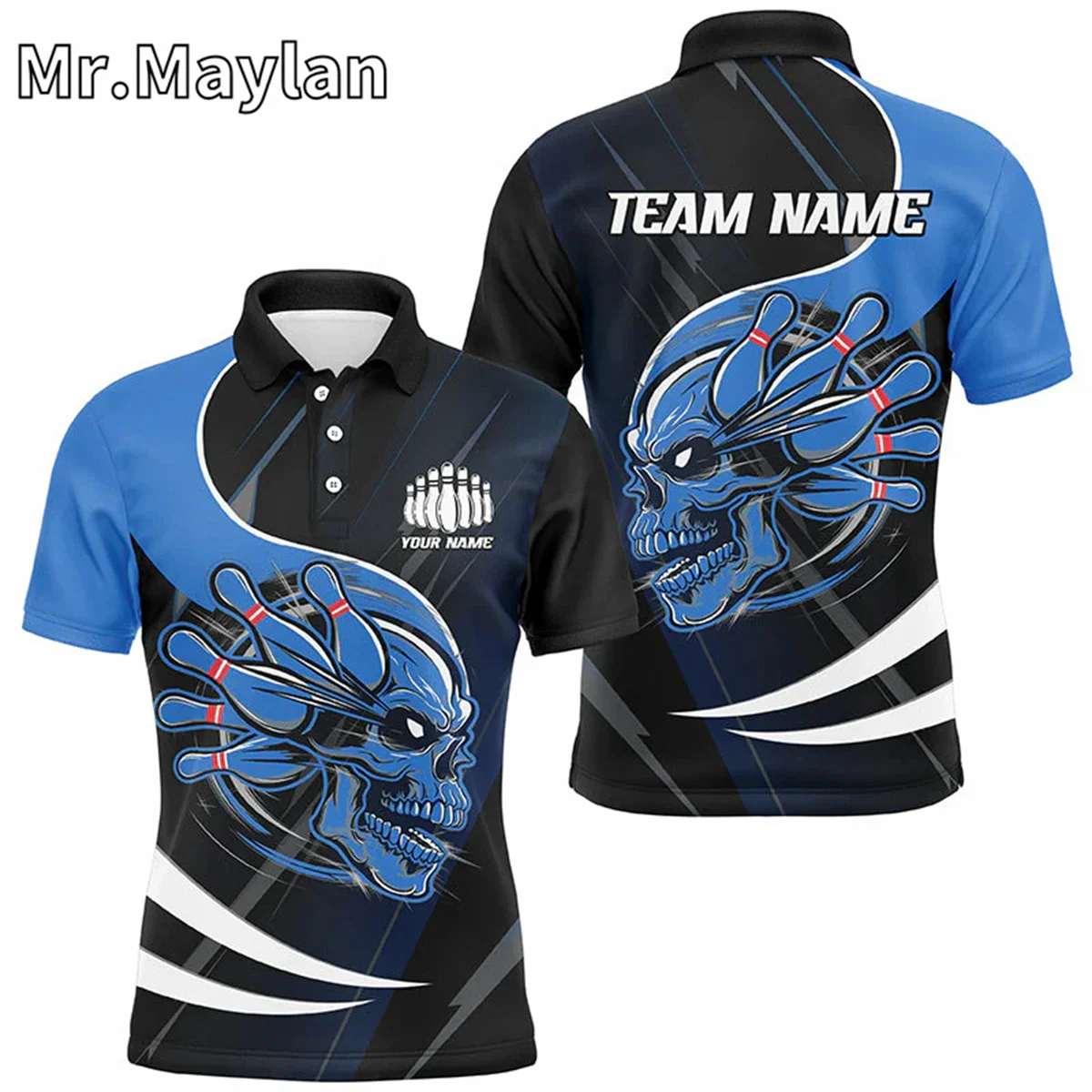 3D Blue Custom Skull Bowling Polo Shirts For Men Bowling Team Jerseys Uniform Outfits Gift for Bowling Lovers Unisex Tops 5XL