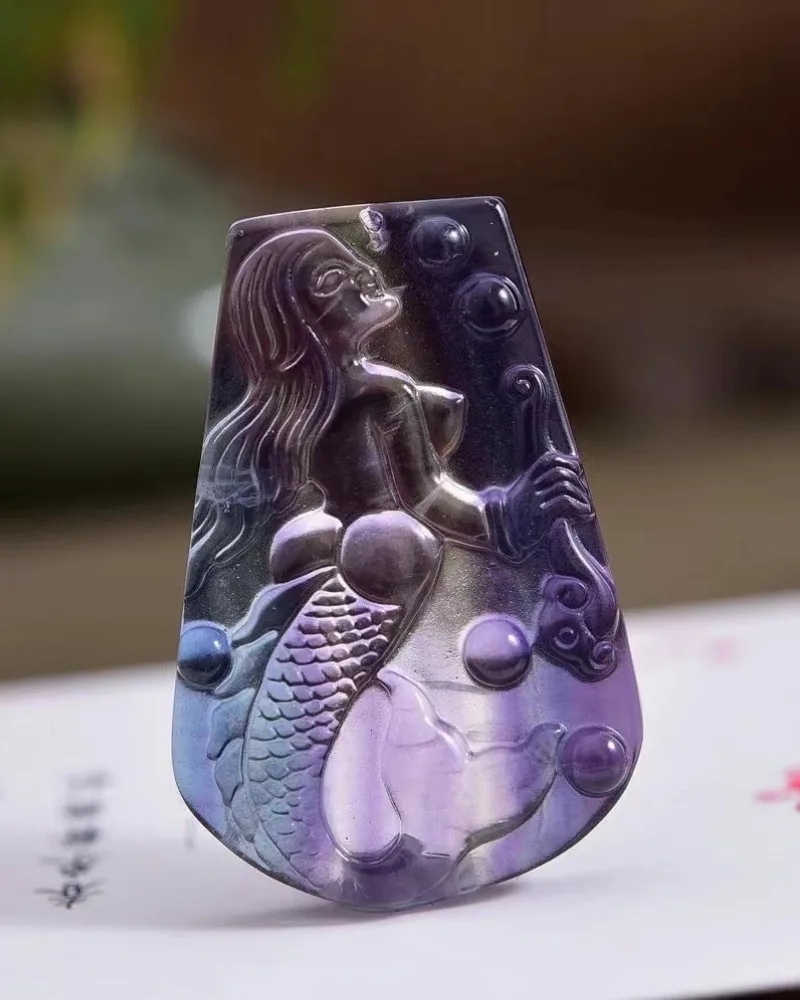 Natural Colorful Fluorite Hand -carved Mermaid Pendant Fashion Boutique Jewelry Men's and Female Jade Necklace Gifts