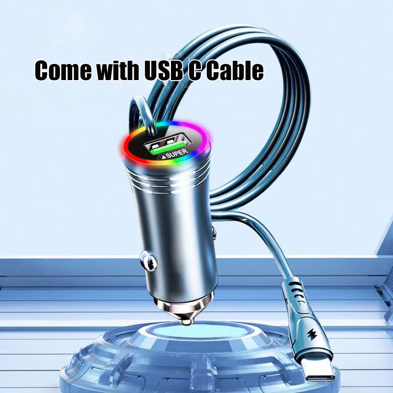 2 in 1 USB Car Phone Charger with Type C Cable PD Super Fast Charging Adapter for iPhone 15 14 iPad Samsung OPPO Oneplus Huawei