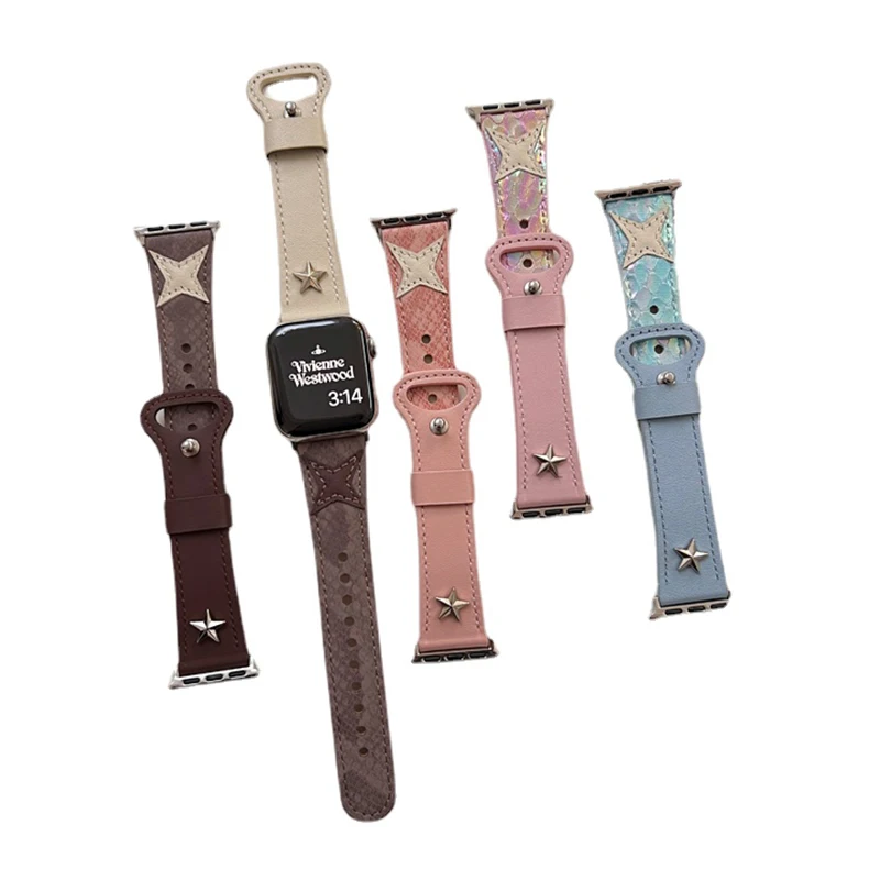 Ремешок кожаный с заклепками Star для Apple Watch Band 40 мм 41 мм 38 мм 44 45 Ultra 49 мм, женский браслет для IWatch Series 9 8 7 SE 6