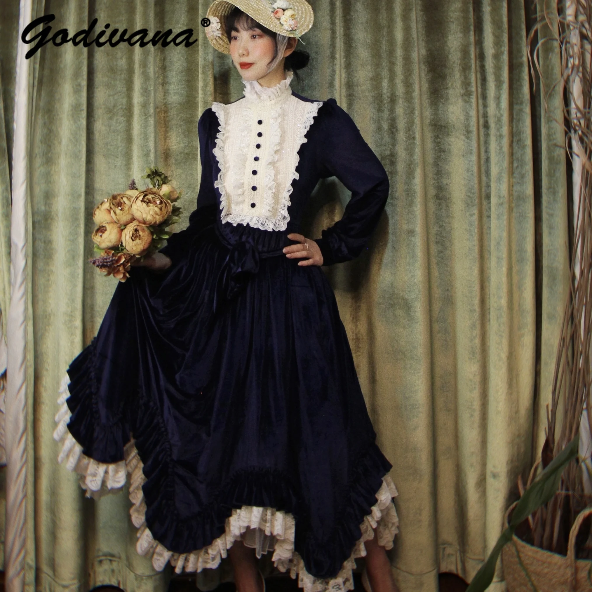 New Autumn Winter Vintage French Court Style Lace Stitching Long Sleeve Slim Velvet Dress Female Lolita Retro Long Dresses