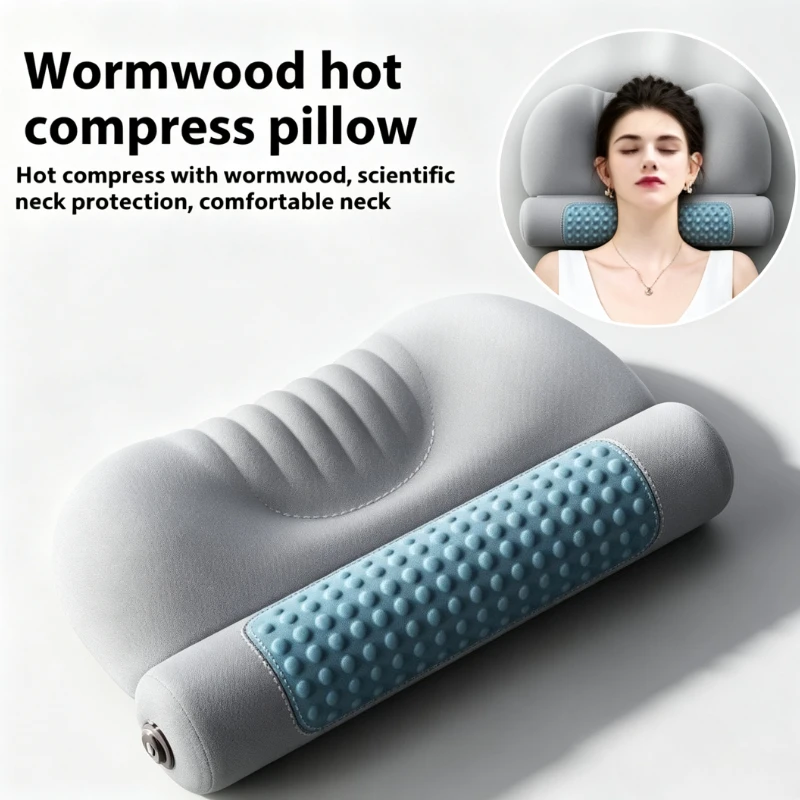 Upgraded Version Popular Wormwood Hot Compress Cervical Pillow for Heating & Cylinder Protecting Cervical Spine and Aiding Sleep