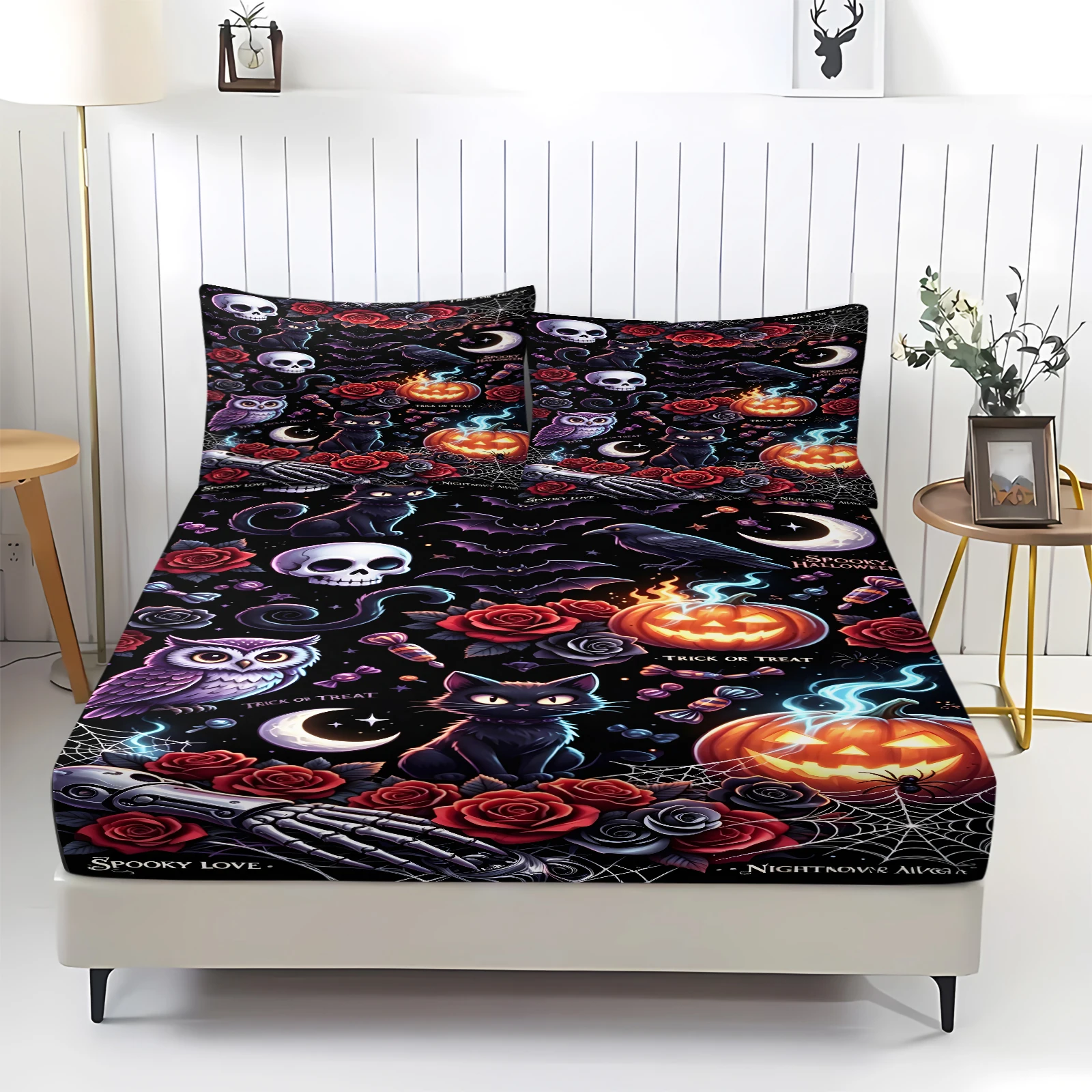 Spooky Halloween Fitted Sheet Set Elastic Mattress Cover Pumpkin Print Bed Sheet with Pillowcases Holiday Bedroom Home Decor