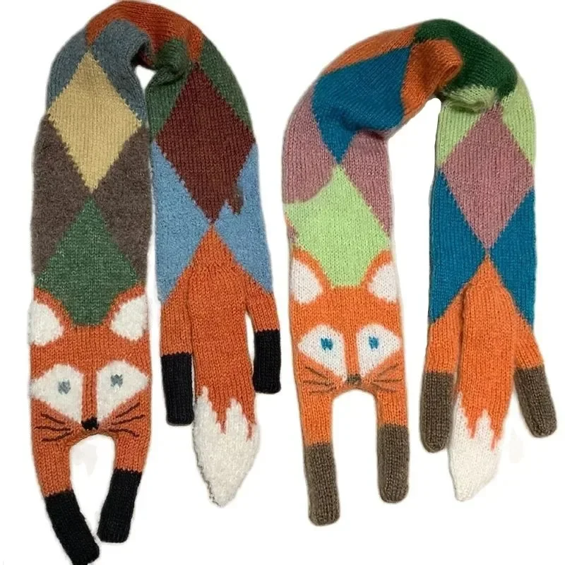 New Autumn Winter Children\'s Cartoon Fox Knitted Scarf Baby Boys Girls Warm Women Shawl Kids Female Knitted Animal Women Scarf