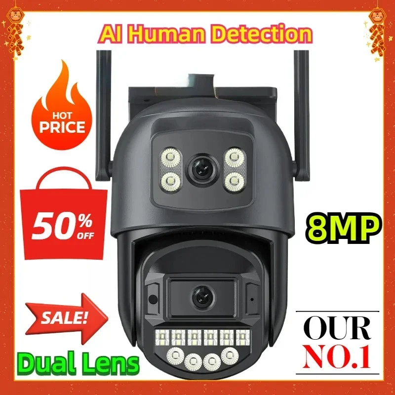 8MP Intercom กล้องวงจรปิด Cam 8MP 5GHz WiFi กล้องเฝ้าระวัง Dual เลนส์ AI Human Detection ความปลอดภัยกลางแจ้ง PTZ IP กล้อง