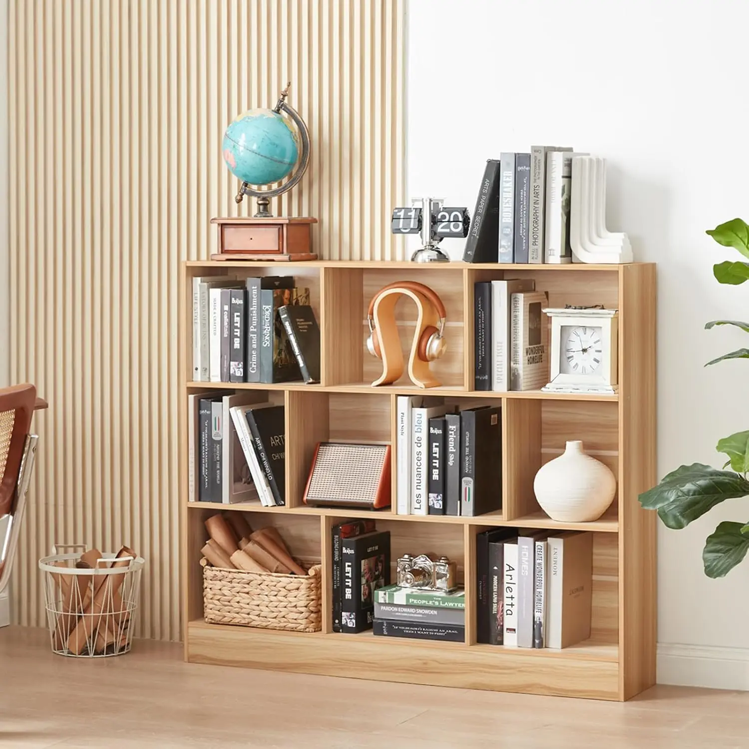 10-Cube 3-Tier Wood Bookcase with Base, Mid-Century Storage Organizer Shelf for Bedroom Living Room Office, Customized