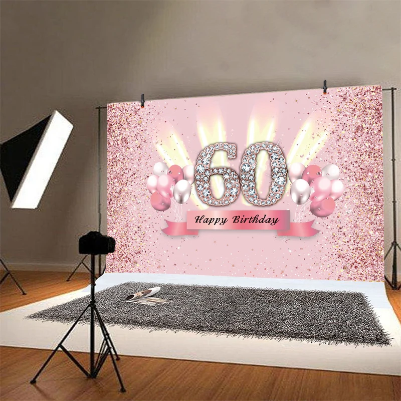 Pink 60th Photo Backdrop Women Men Happy Birthday Party Sixty 60 Years Old Photograph Background Photo Banner Decoration Prop