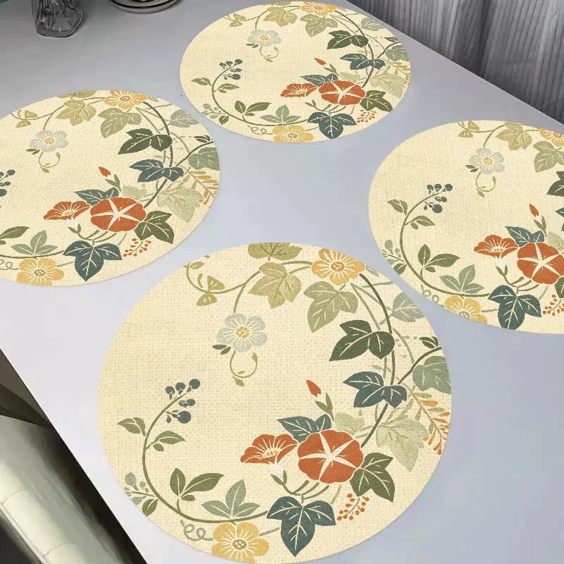 VIKAMA Retro Countryside Morning Glory Vine Round Linen Table Mat Thermal Insulation and Wear resistant Table Mat Desktop Decor