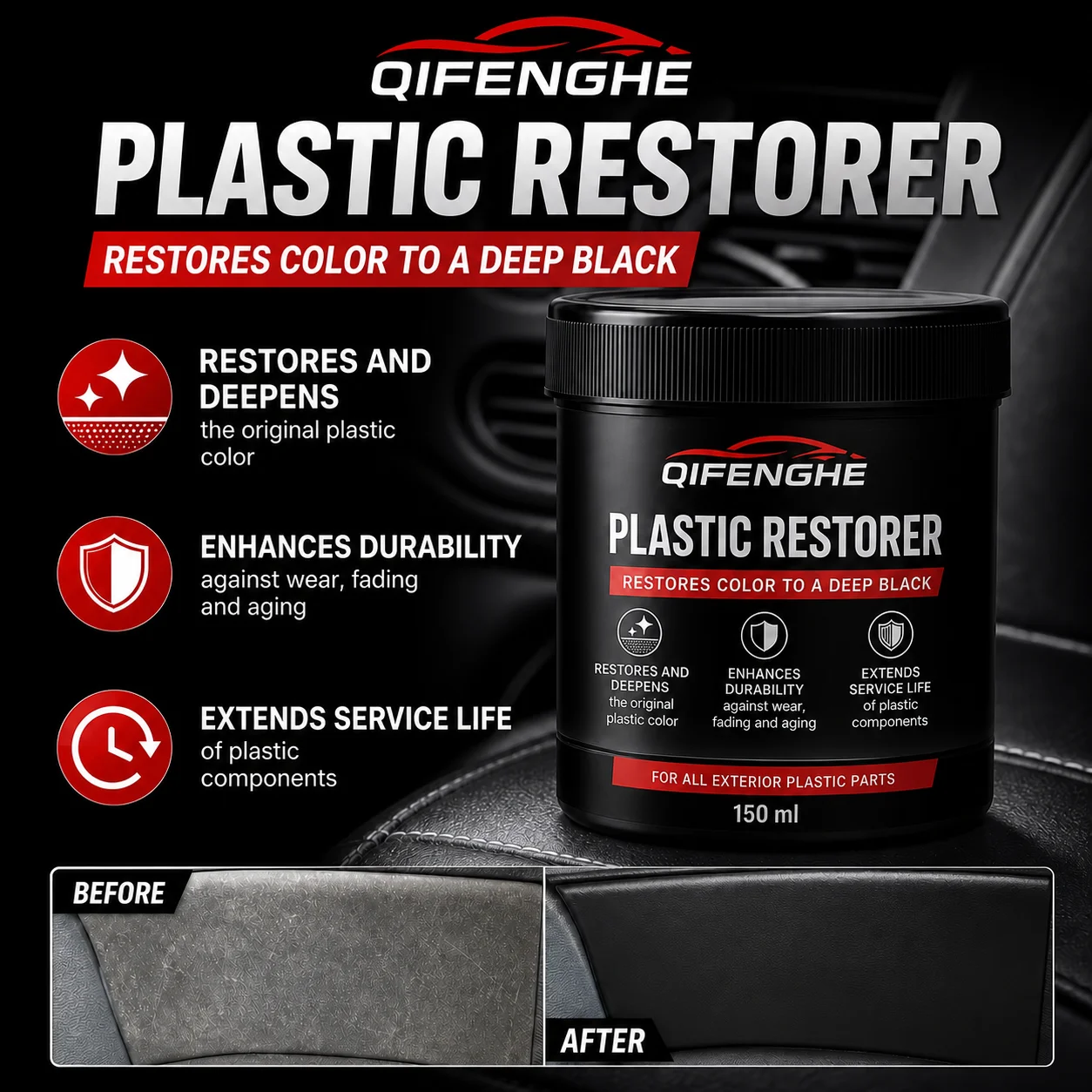 Car Plastic Restorer 150ml Auto Interior Exterior Plastic Parts Reviver Restore Faded Black Plastic Refurbish Coating Wax