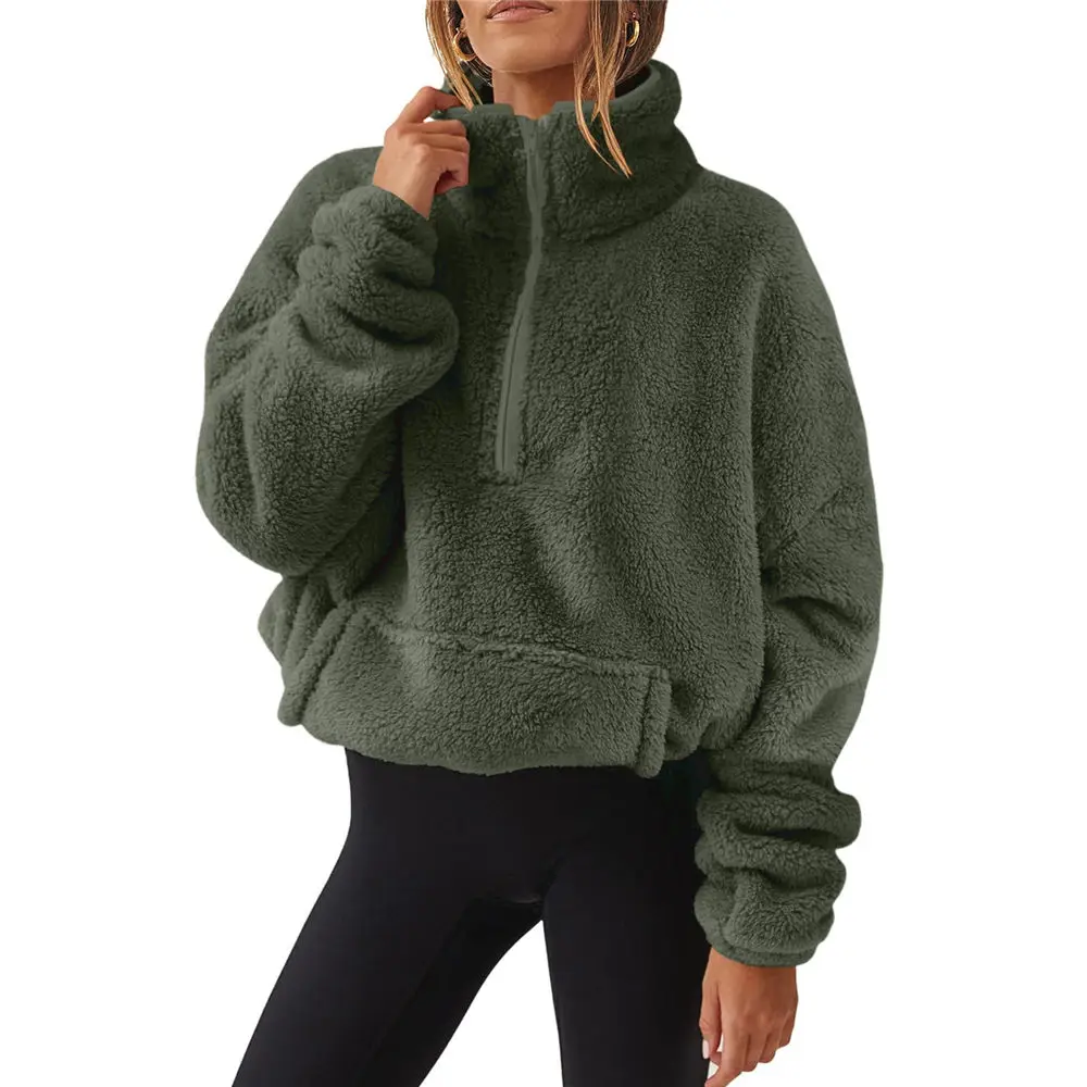 Dames Sherpa Coltrui Teddy Fleece Pullover 1/3 Rits Pluizige Tops Winter Dames Streetwear Trui