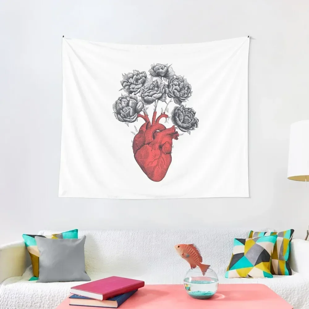

Heart with peonies Tapestry Room Decore Aesthetic Art Mural Decorations For Your Bedroom Tapestry
