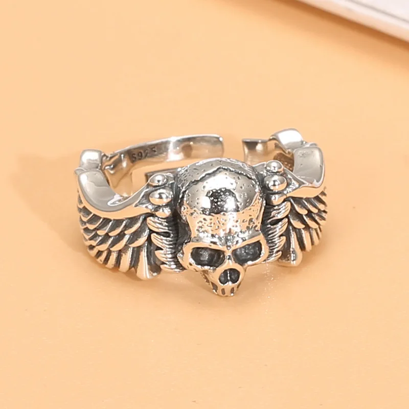 S925 silver skull wings ring men's trendy vintage silver jewelry punk personalized Hip Hop nightclub ring