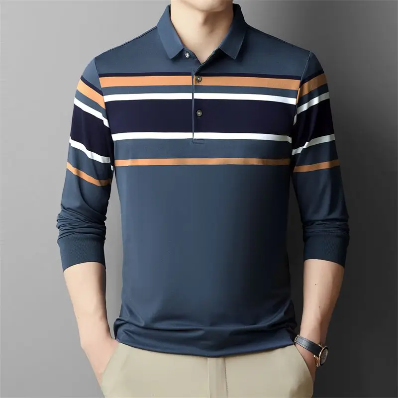 Men's Long Sleeve Striped Cotton Polo Shirt Loose Fit Collar Casual Top with Pocket for Dad Middle Aged