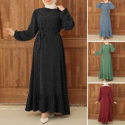 Bata con estampado de lunares retro para mujer, manga larga, dobladillo con volantes, Abayas, Ramadán, moda femenina, 2022