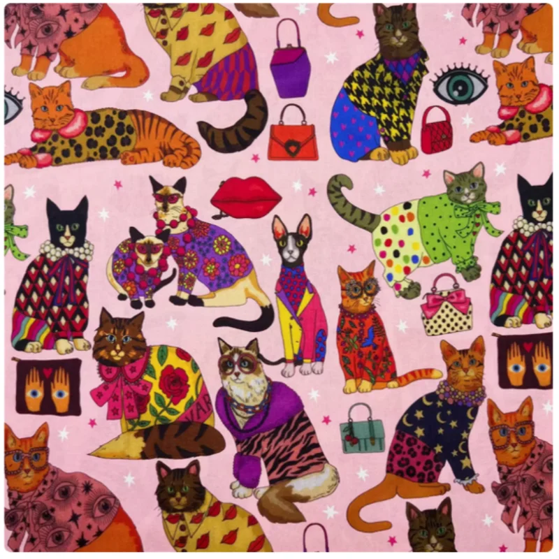 100% Cotton Fabric, Fashion Cat Print, Handmade DIY Patchwork Shirt Dress Scarf Sewing Cloth, CR-27