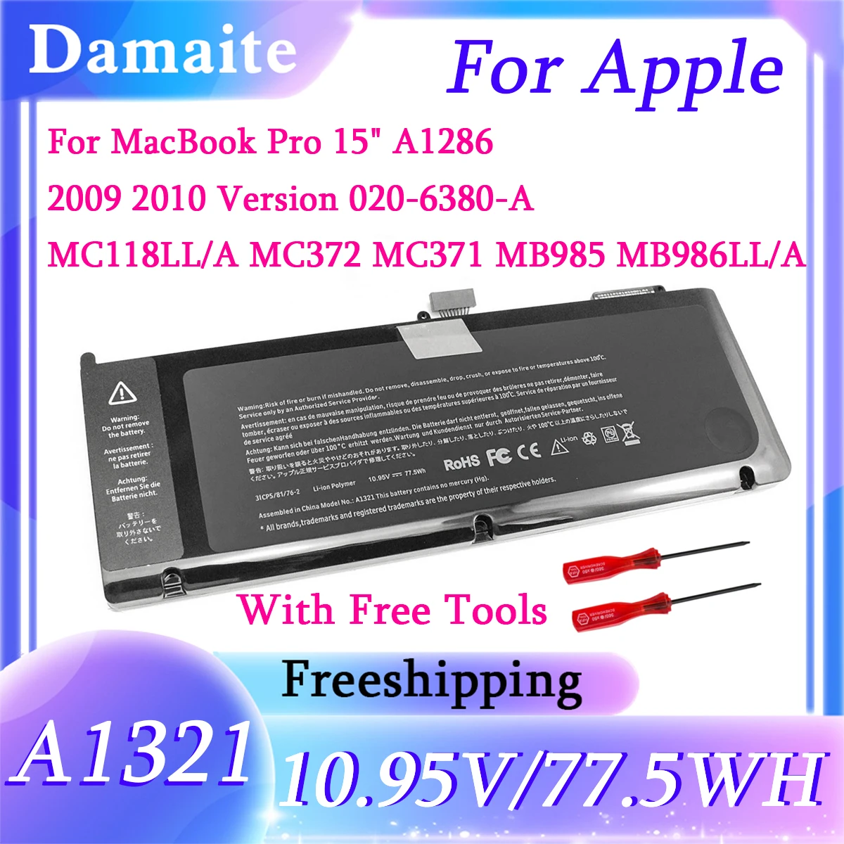 

A1321 A1286 Battery for MacBook Pro 15" Inch (Mid 2009 & 2010 Version) MB985/LL/A MB986/LL/A/J MC118 MC118LL/A MC373LL/A Laptop