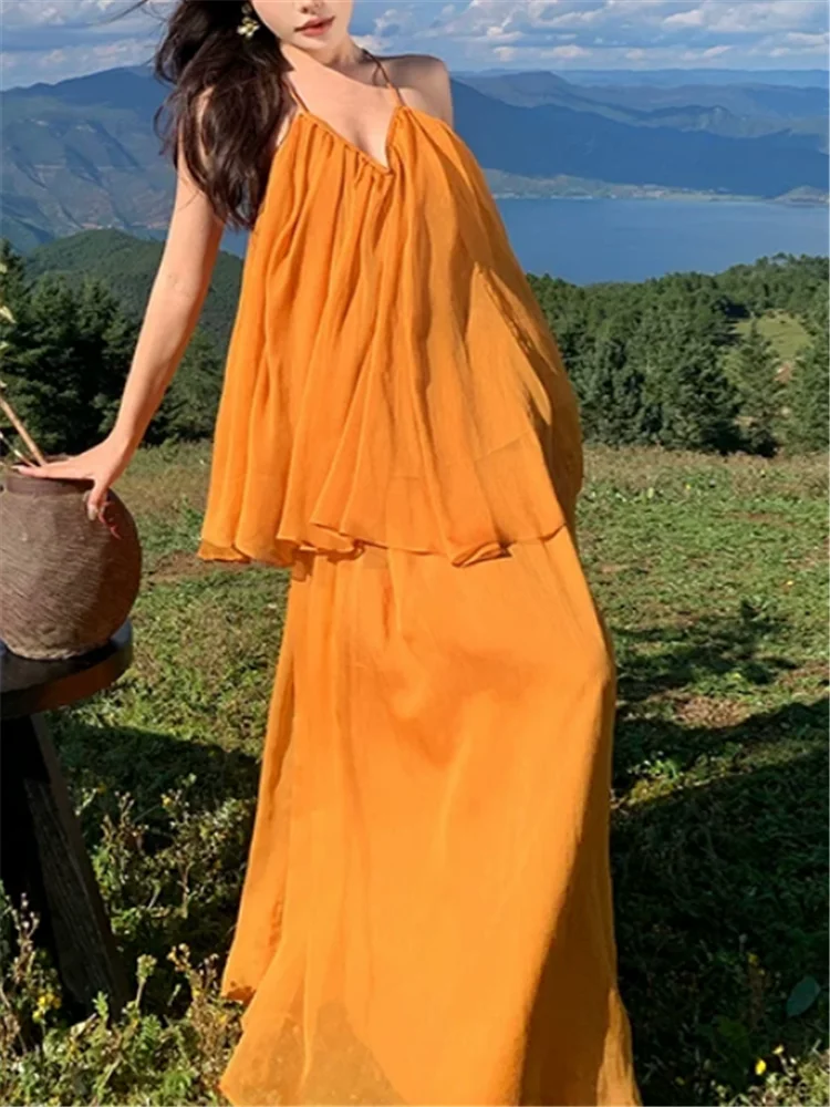 

Stunning Resort Style Fairy 2 Pieces Maxi Dress Sets Chiffon Backless Camis Vest Top&Long Skirt Suits Holiday Beach Long Dress