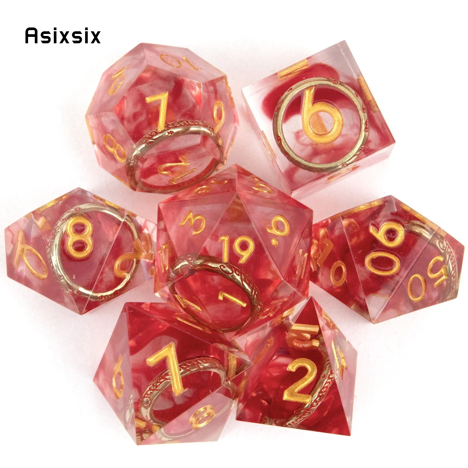

7 Pcs Red Resin Ring Golden Number Sharp Edge Dice Polyhedral Dice Suitable for Role-Playing RPG Board Party Dice Prop