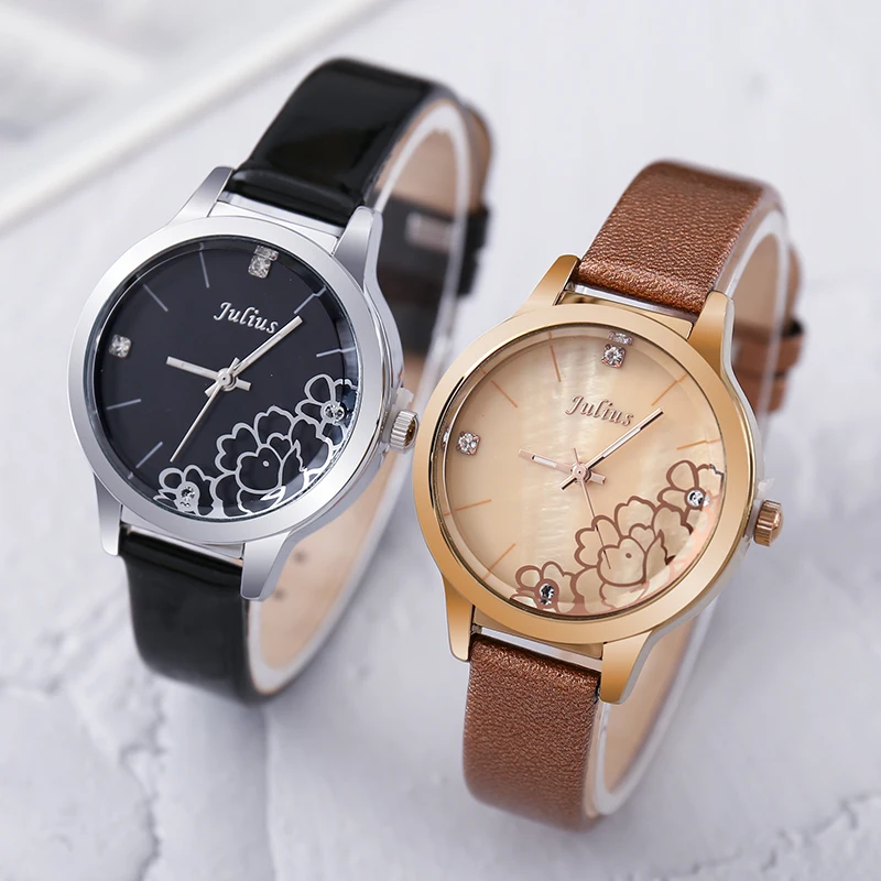 Mother-of-pearl Flower Julius Lady Women\'s Watch Fashion Hours Bracelet Real Leather Girl\'s Birthday Gift No Box