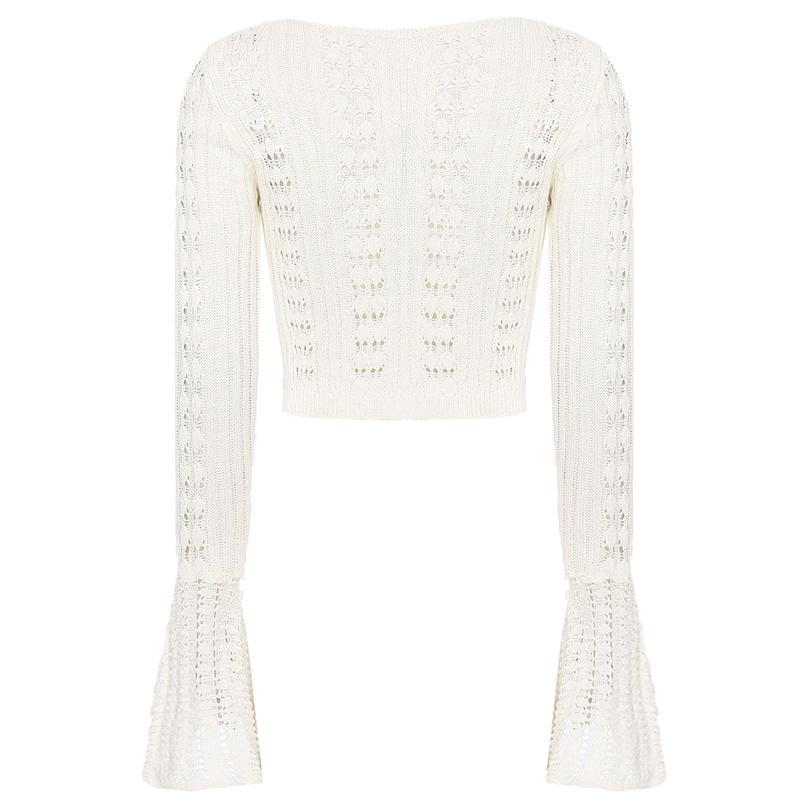 Women Fashion Hot Solid Color Long Flared Sleeves V-neck Short Hollow Knitted Cardigan Sweater Tops for Party Casual Outwear