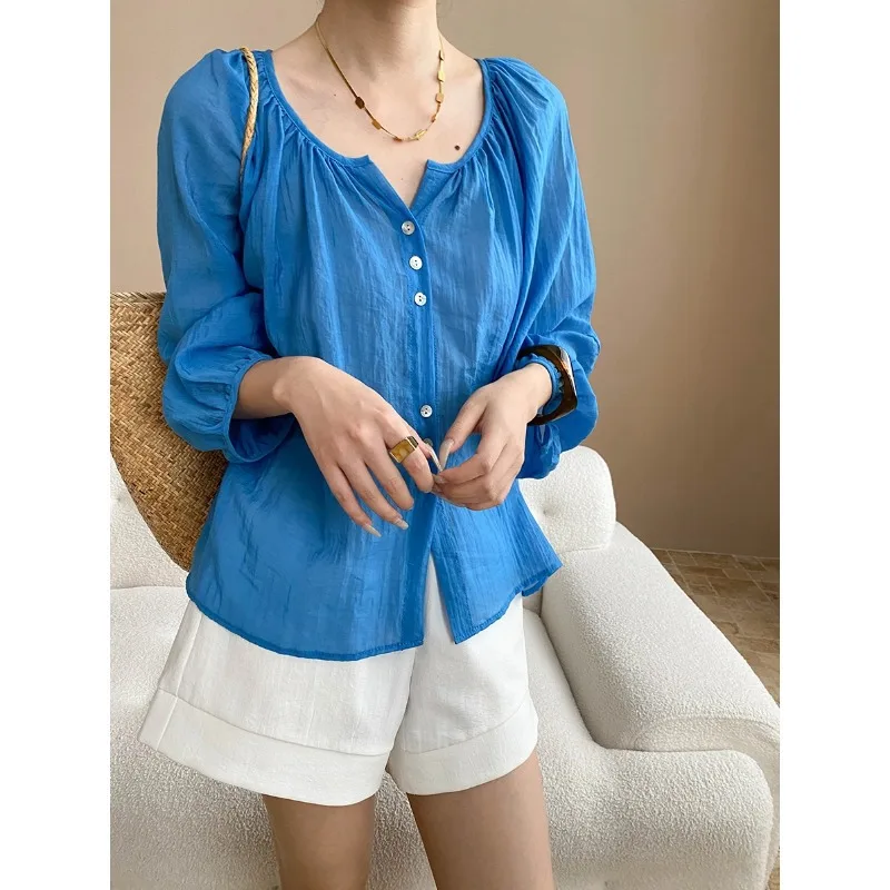 

Casual French Style Thin Blouse Shirt Women Blue Cotton Long Lantern Sleeve Loose Vocation Transparent Sexy Ladies Shirt Top New