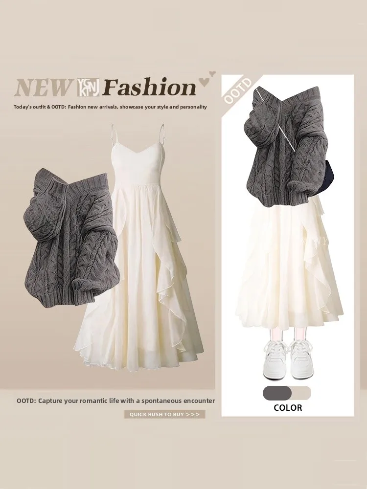 

ey Winter Knitted Sweater Loose Ele Pure Desire Strap Dr Two Piece Set Women Soft Twist Knitwear Autumn Winter Outfit