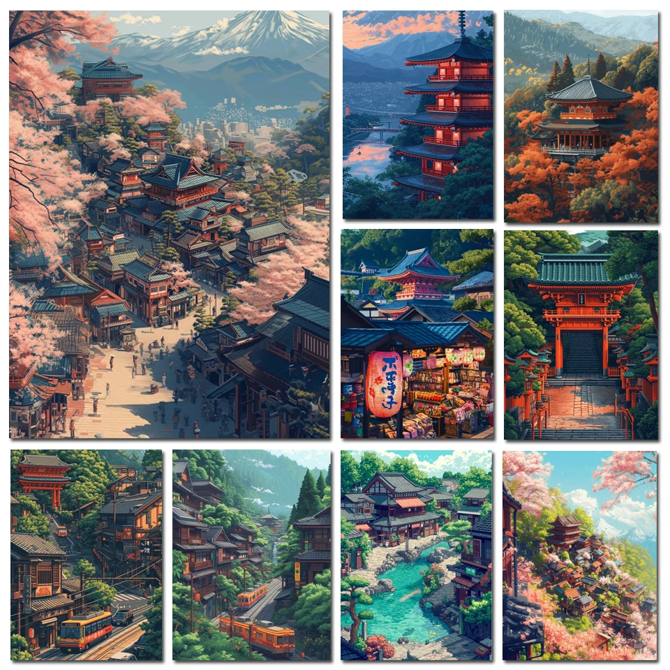 Pinturas de arte con diamantes, nuevo paisaje de la ciudad de Tokio de Japón, punto de mosaico de diamantes completo, paisaje Natural, bordado de flor de cerezo, 2025