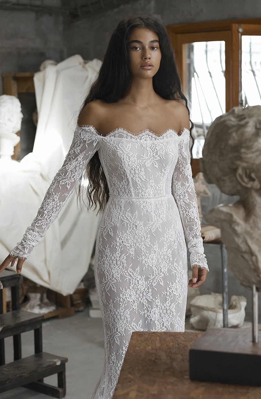 Robe De mariée sirène à manches longues, Unique, col d'inspiration artistique, en dentelle, corps entier, sur mesure