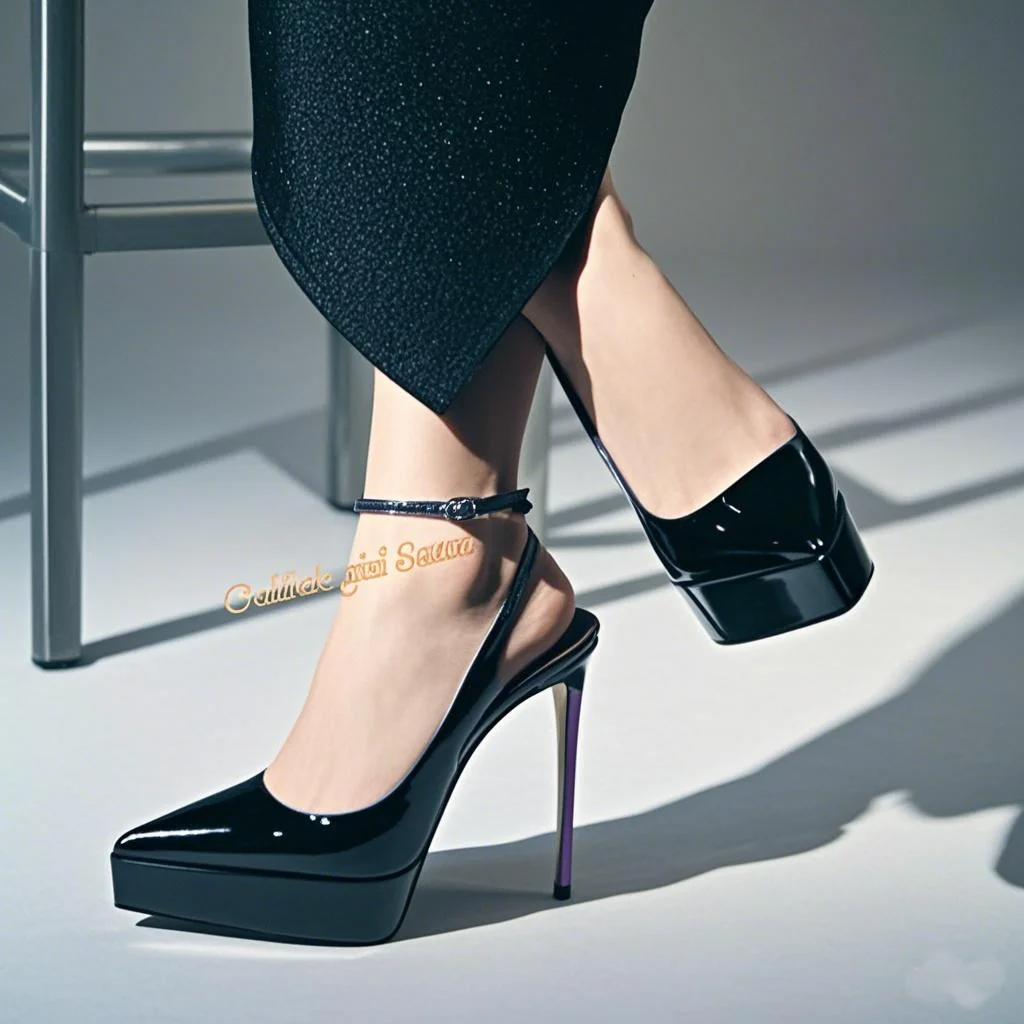 منصة الساتان مثير أشار تو مضخات الكاحل مشبك حزام الساتان خنجر رقيقة عالية الكعب موضة 2024 ربيع النساء الأحذية