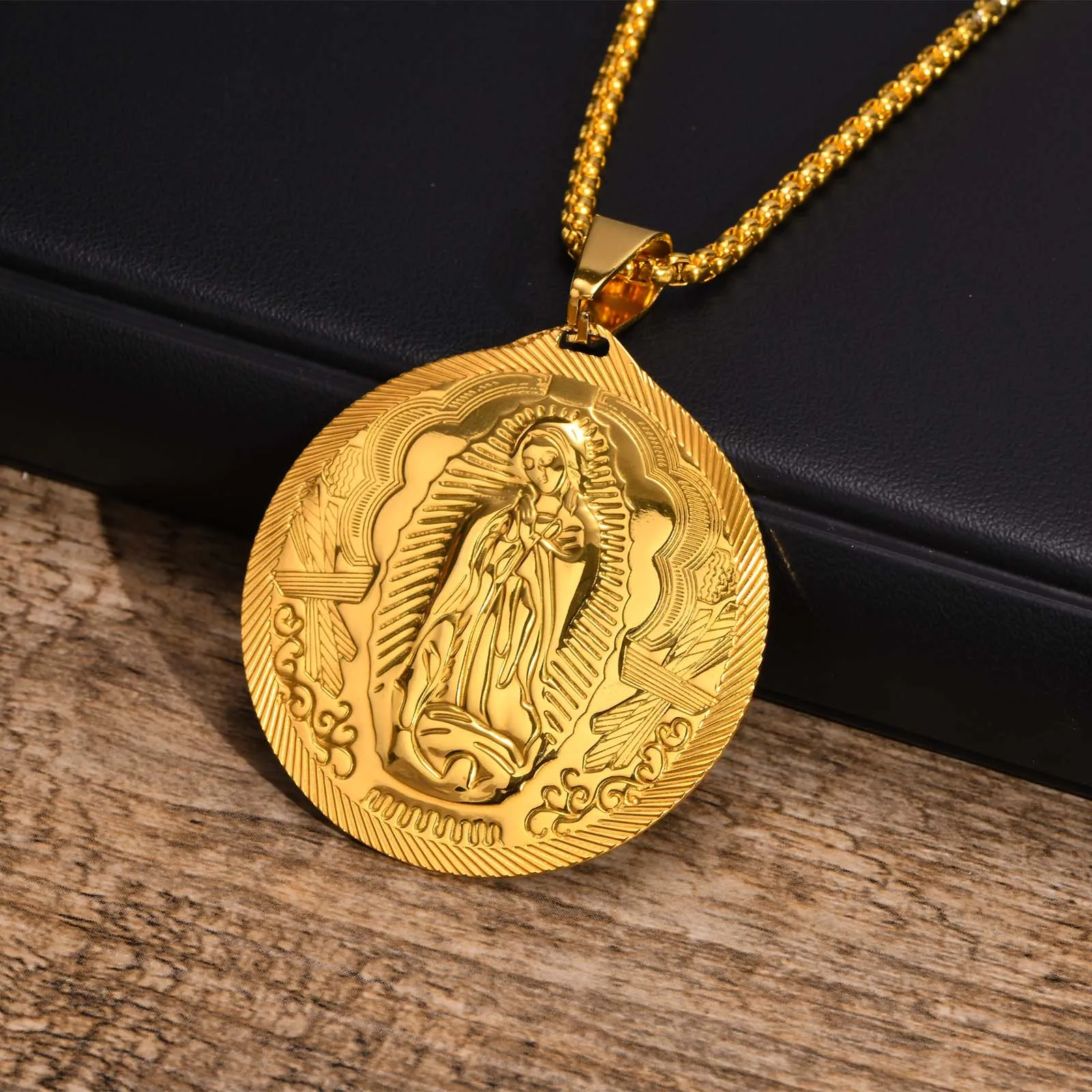 Vnox Gold Color Virgin Mary Pendant Necklaces for Men Women,Stainless Steel Metal Mother Mary Collar Religious Gifts Jewelry - Image 4