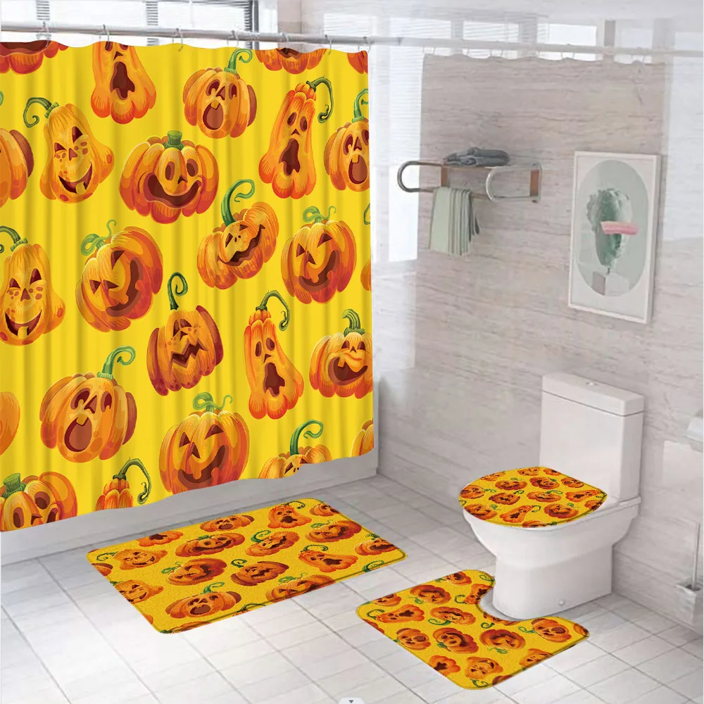 Halloween Witch Shower Curtain Set Dead Tree Pumpkin Bat Full Moon Bathroom Decor Screen Non Slip Bath Mat Rug Toilet Cover Home