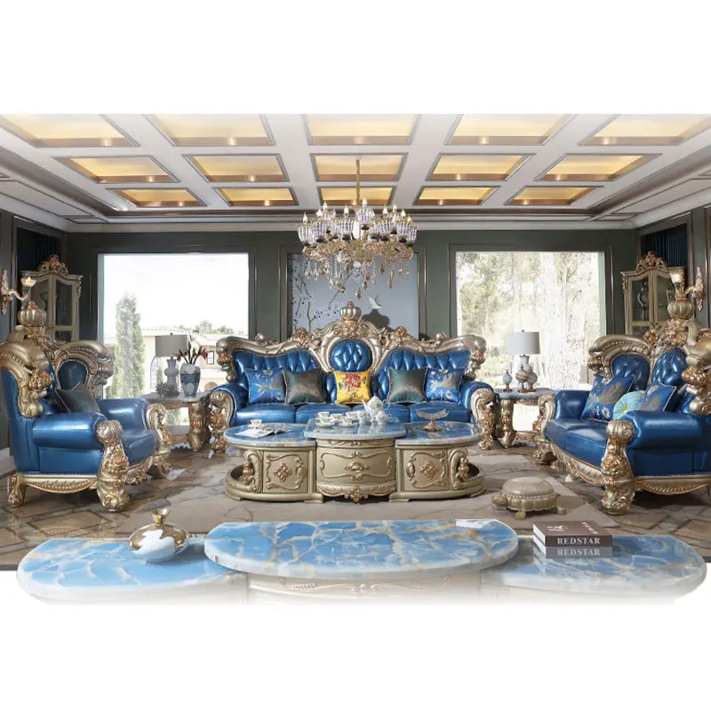 For Luxury European Style Sofa  Double Carving Solid Wood Royal Leather Living Room Sofa Sets