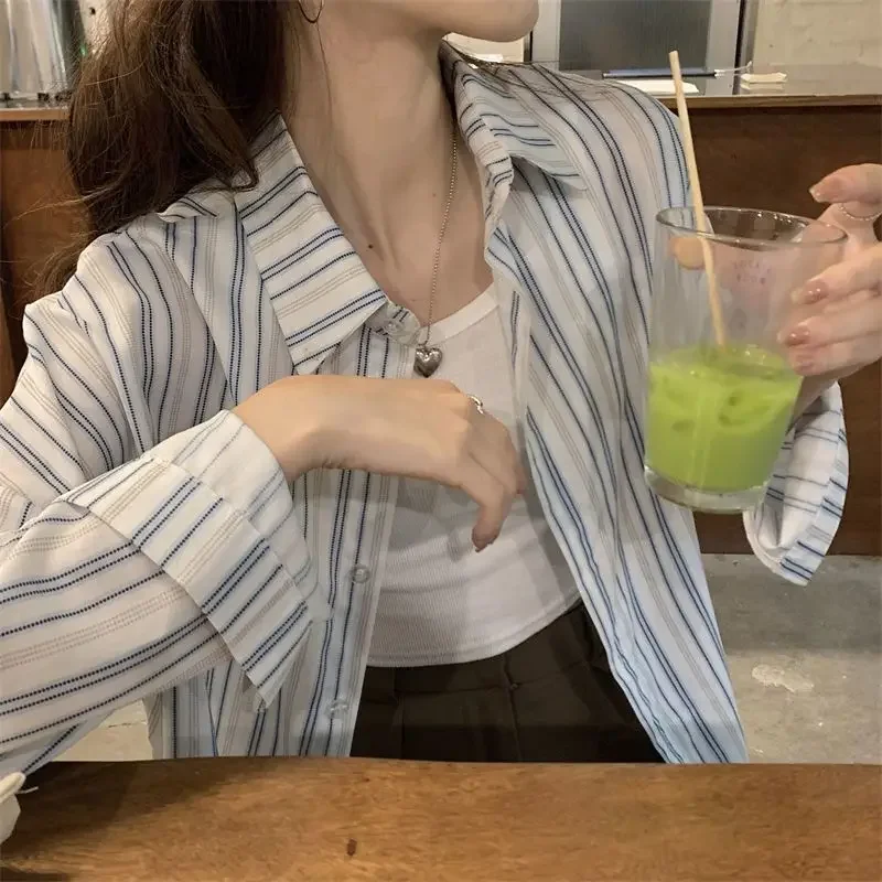 Femme Vintage Striped Turn-down Collar Turn-down Collar Blouse Summer Young Style Buttons Loose Shirts Women Clothes All-match