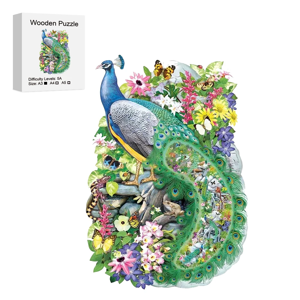 Peacock Wooden Jigsaw Puzzles, Advanced Puzzle with Beautiful Gift Package, Unique Shaped Pieces, Best Gifts Family Game