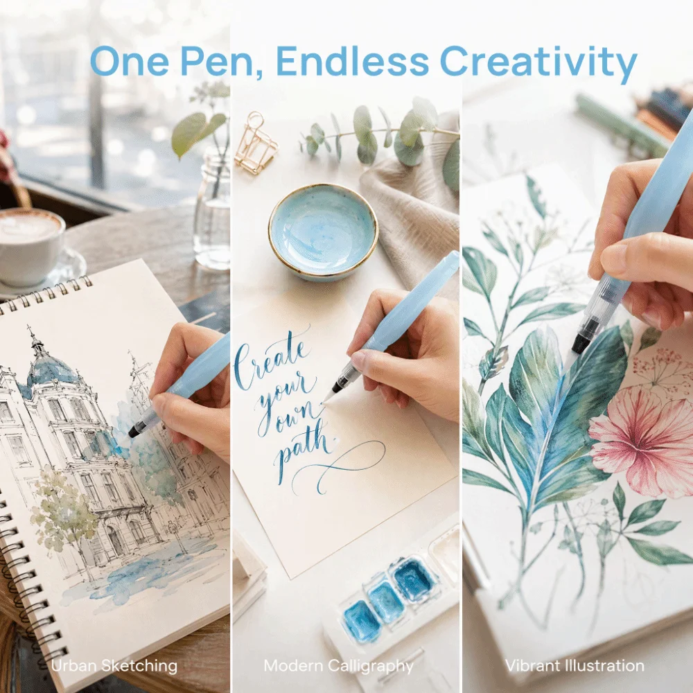3 PCS Portable Blue Water Brush Pen Nylon Refillable Calligraphy Ink Pen Solid Pigment Pen Outdoor Sketching