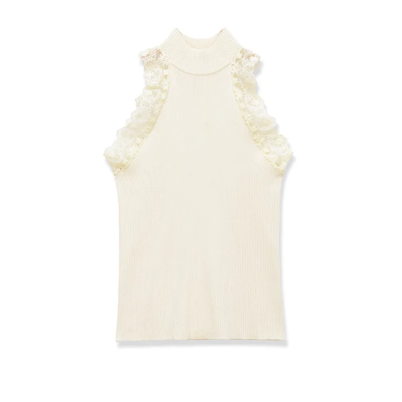 Spring New Women's Clothing Fashion Sweet Wind Sleeveless Semi-turtleneck Lace T-shirt