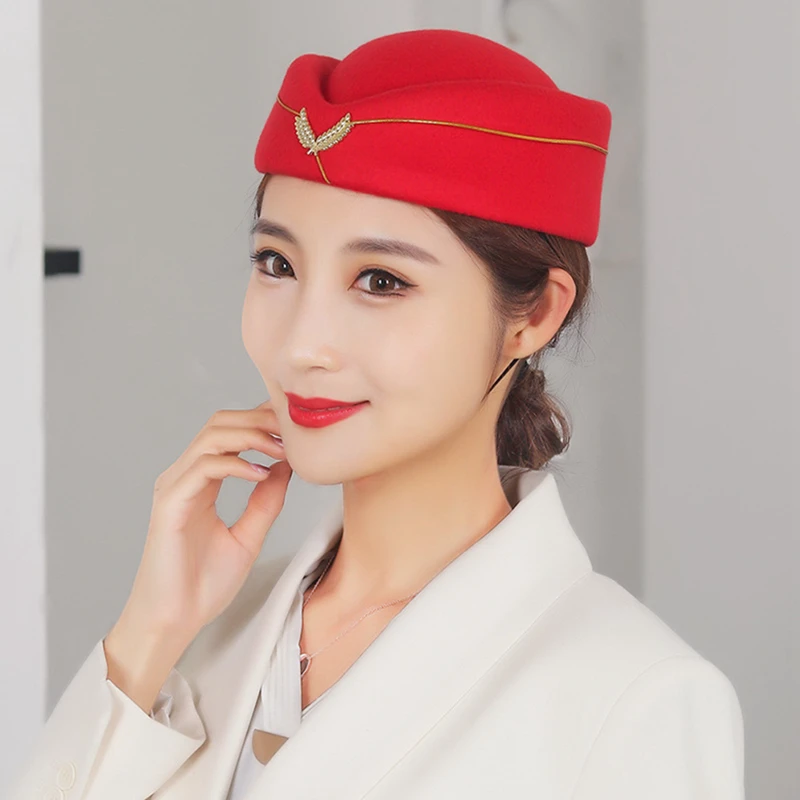 Women\'s Party Cosplay Cap Wool Felt Air Hostesses Beret Hat Airline Stewardess Formal Sailor Uniform Hat Caps Stage performance