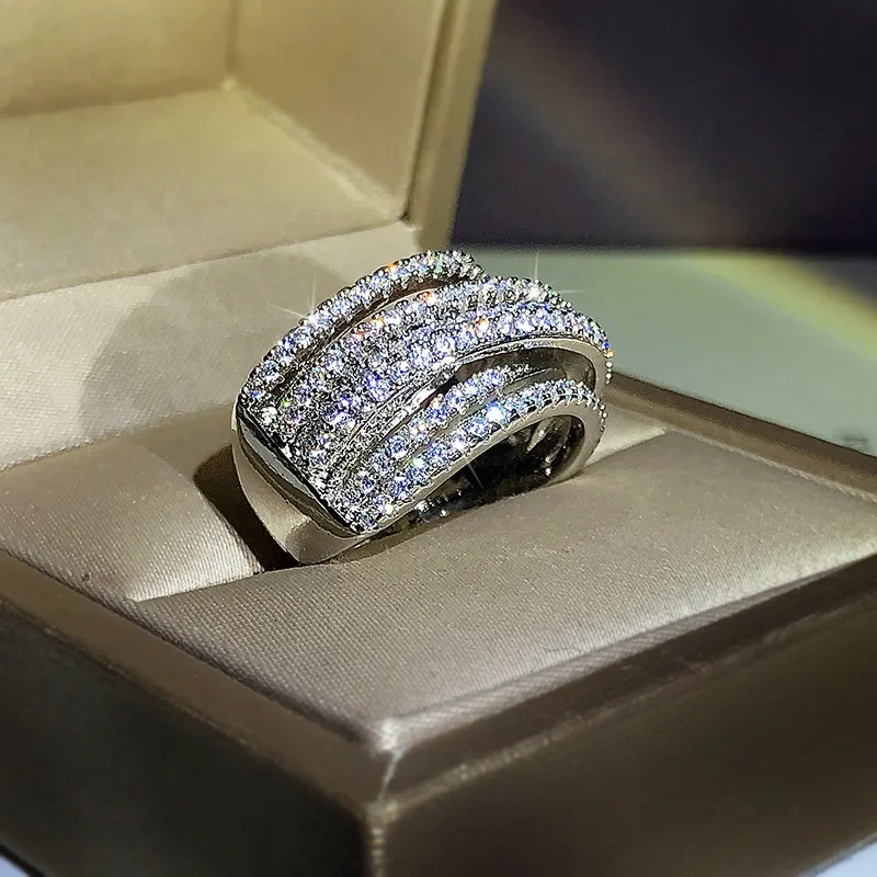 Brede 925 Sterling Zilveren Vrouwen Ringen Verweven Ontwerp Zirkonia Trouwring Voor Vrouwen Valentijn Cadeau Sieraden Jubileum