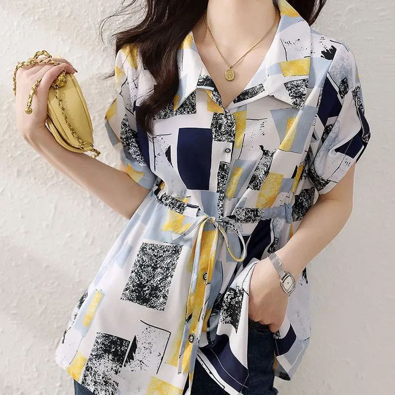 

Female Clothing Geometric Spliced Printed Blouse Commute Single-breasted Summer Korean Drawstring Waist Casual All-match Shirt