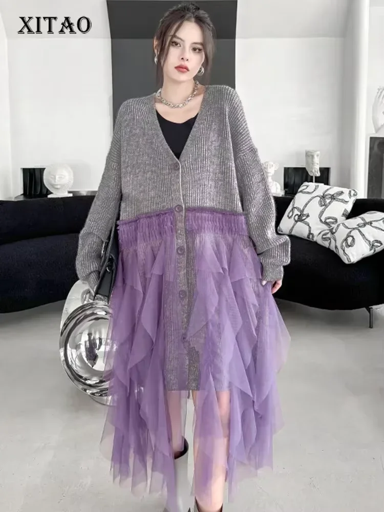 XITAO V-neck Patchwork Gauze Knitting Dress Irregular Single Breasted Loose Casual All-match Long Sleeve Women Dress DMJ3562