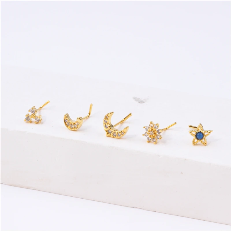 L Shape Pin Nose Studs Ring for Women Girl 18K Gold Plated Eyes Flower Star Shape Nose Pin CZ 20G