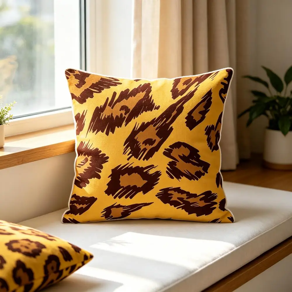 1PC Yellow Hand Painted Leopard Print Pillow Cover, Brush Stroke Cheetah Pattern Polyester Cushion Case for Sofa Home Decor