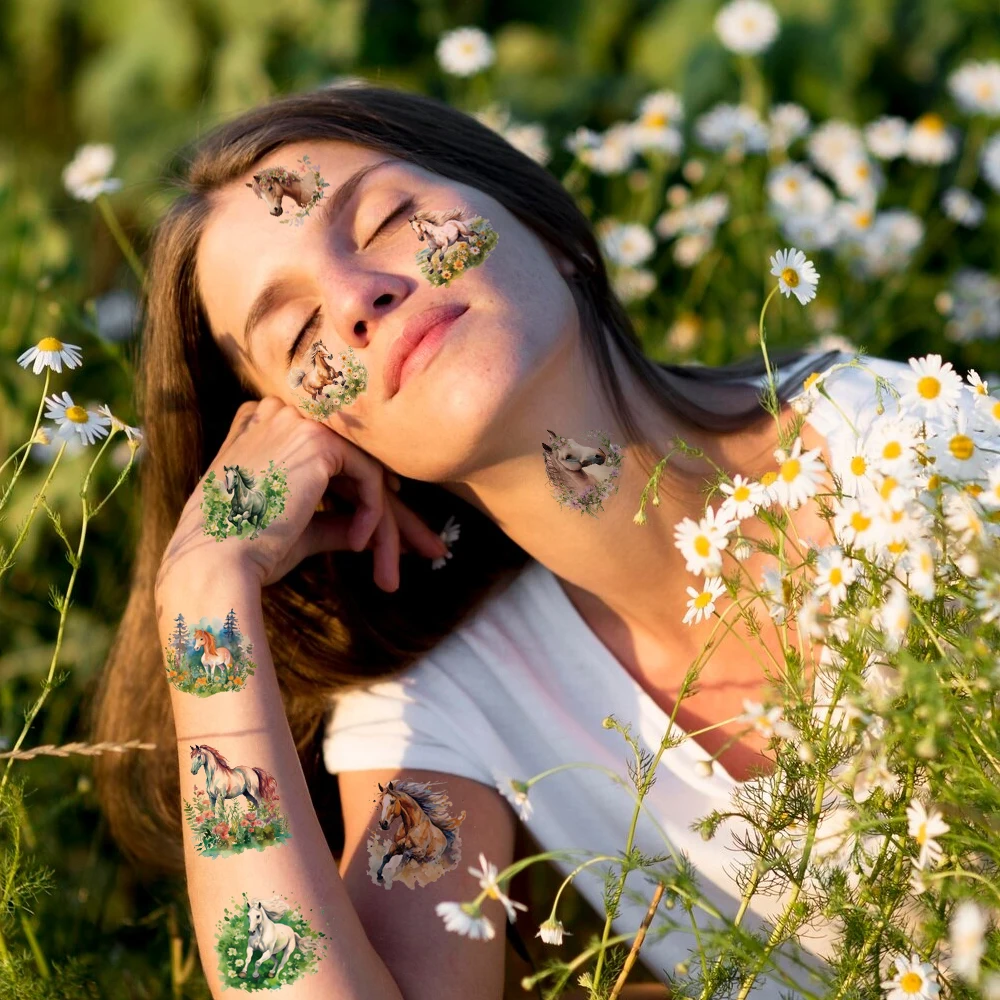 Watercolor Horse Temporary Tattoos , Floral & Equine Designs, Cowboy Theme Party Favors, Ideal for Western Birthdays.