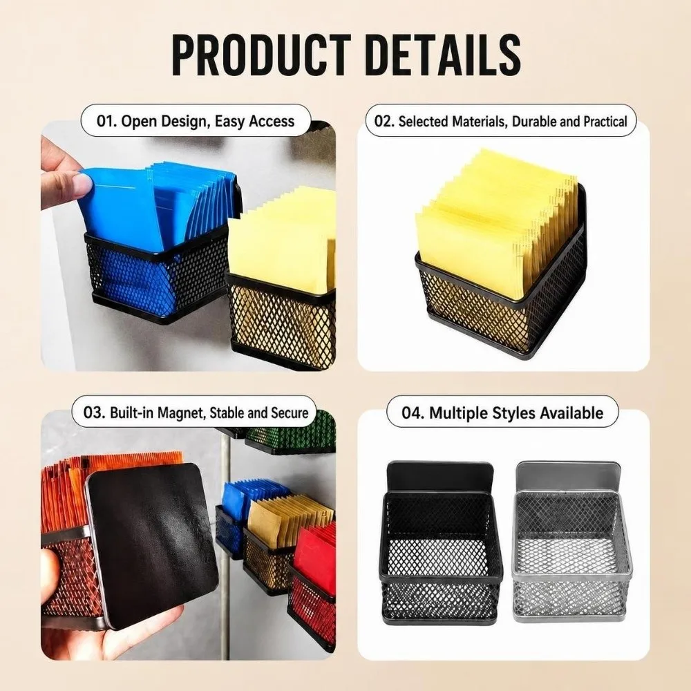 1/6pcs Iron Mesh Magnetic Tea Bag Holder Magnetic Wall Mount/Desktop Use Fridge Tea Bag Organizer Tea Packet Storage Rack view 3