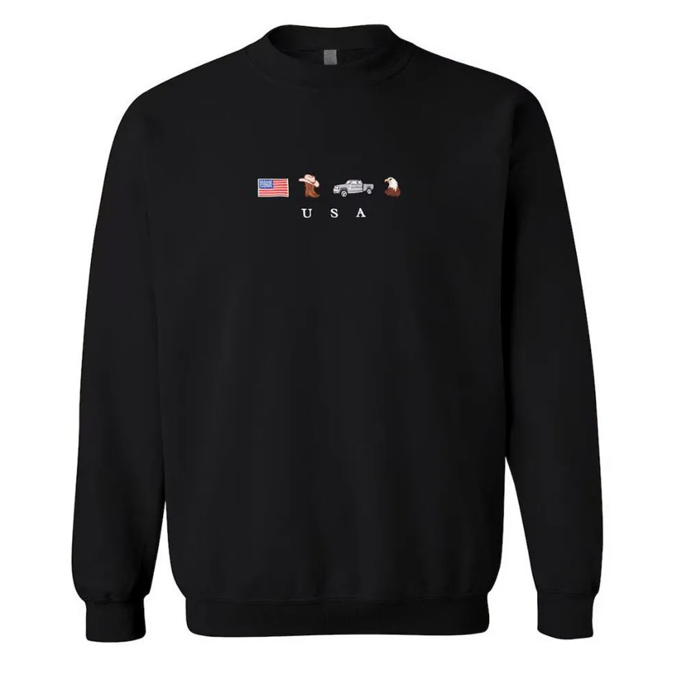 American Elements Embroidered Retro Style Unisex Sweatshirts 2024 Autumn New Thick Fleece Long Sleeve Pullover Crewneck