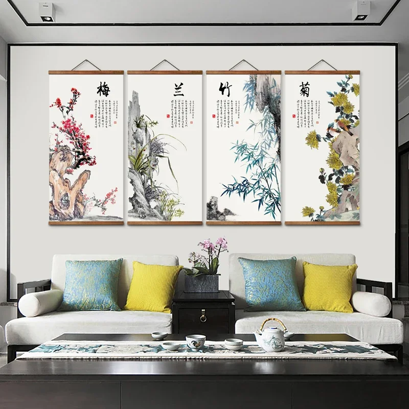 

MT3007 Chinese Style plum orchid bamboo chrysanthemum Decorative Wall Art Posters Solid Wood Scroll Paintings