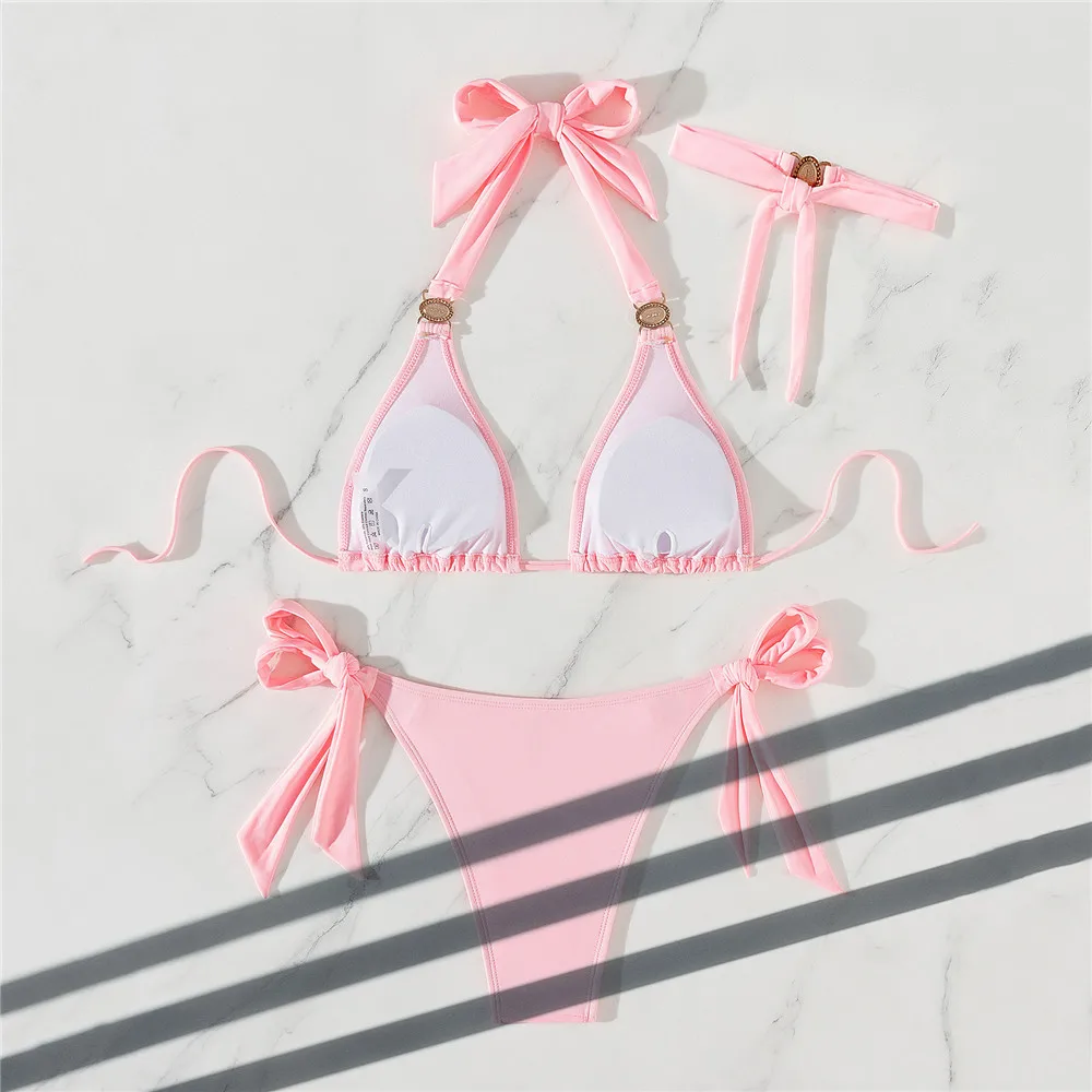 Pink Crystal Luxury Swimwear Women Halter Triangle Thong Micro Bikini Set Sexy Swimsuit Women 2025 Knotted Bathing Suit Bikini