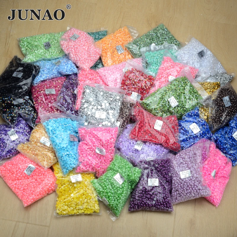 JUNAO 2 4 5 6 8 10 12 14mm Wholesale Flatback Half Round Imitation Pearls ABS Plastic Flat Beads For Jewelry DYI Accessories