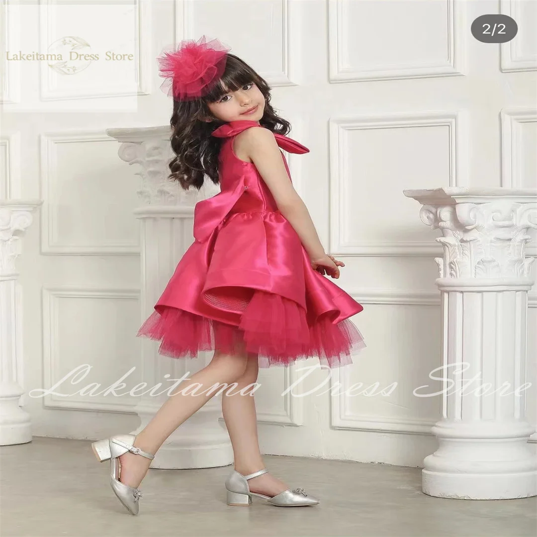 

Rose Red Flower Girl Dress For Wedding Knee Length Satin Puffy With Bow Kids Birthday First Communion Princess Party Ball Gowns